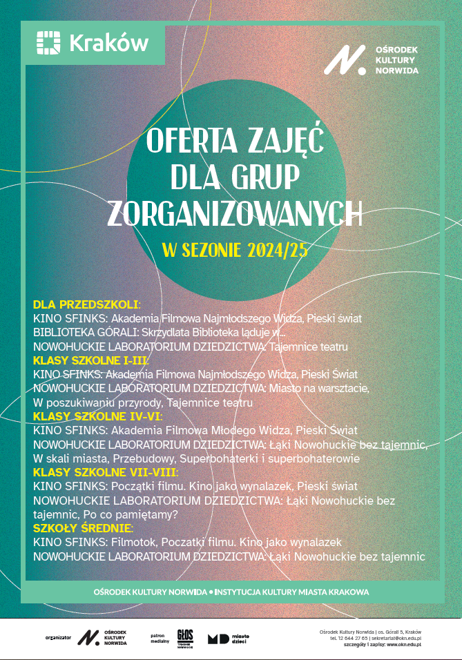 Grafika - plakat opisująca ofertę zajęć dla grup zorganizowanych w Ośrodku Kultury Norwida. Zajęcia dla przedszkoli, szkół podstawowych oraz średnich organizowane są w Kinie Sfinks, Bibliotece Górali, Nowohuckim Laboratorium Dziedzictwa.